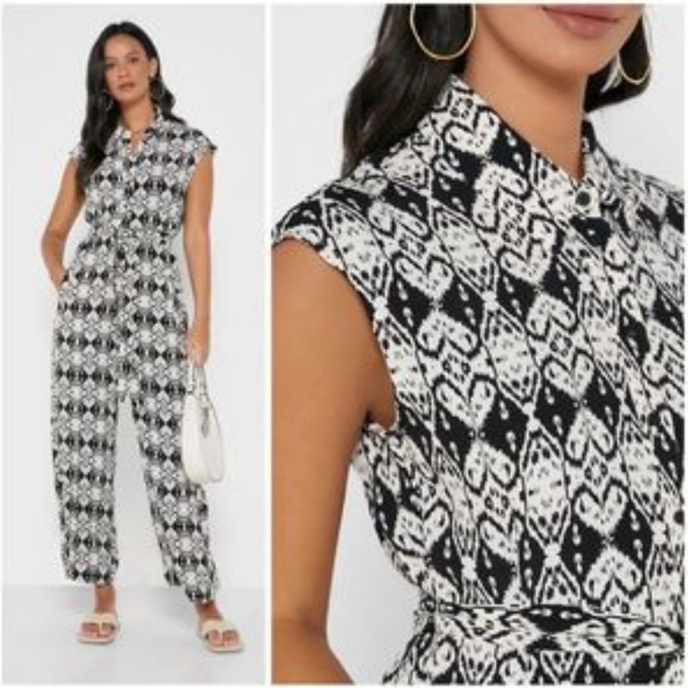 Mango Womens Wide Leg Jumpsuit Romper Black White Sleeveless Pockets XS